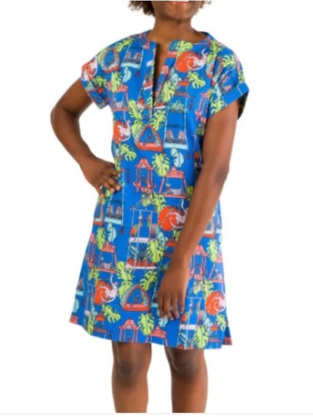 Blue Tropical Print Short Sleeve Shift Dress